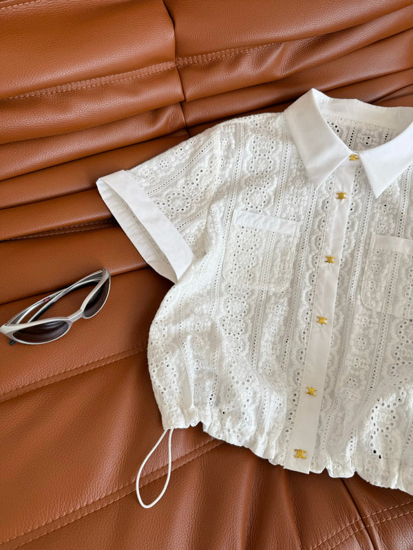 Celine 25 Hollow Wide Shoulder with Gold Metal Button White Cotton