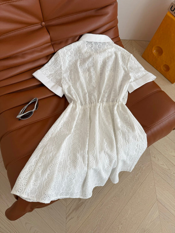 Celine 25 Hollow Shirt Dress with Gold Metal Button White Cotton