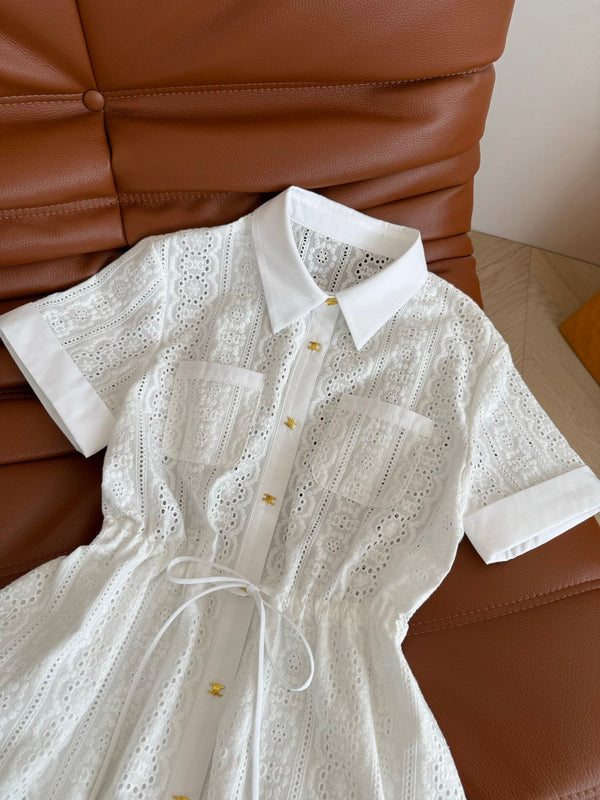 Celine 25 Hollow Shirt Dress with Gold Metal Button White Cotton