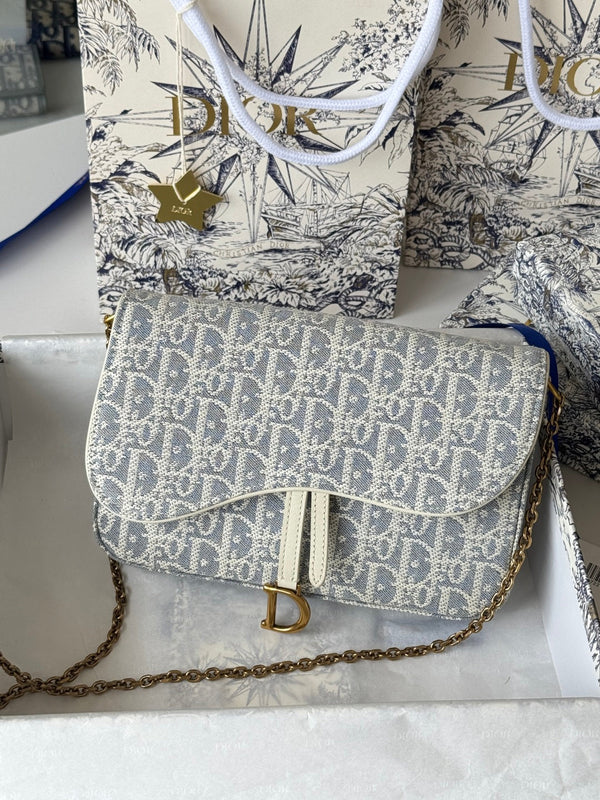 CD Medium Saddle Pouch with Chain 21.5cm White Grey Jacquard Cowhide GHW