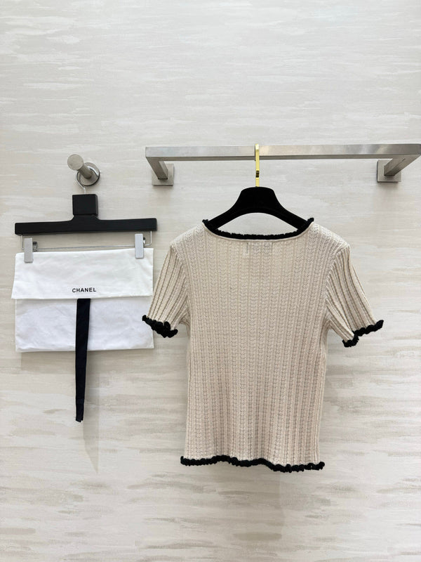 CC Knit Short-Sleeve Top Black Light Taupe Wool 394191