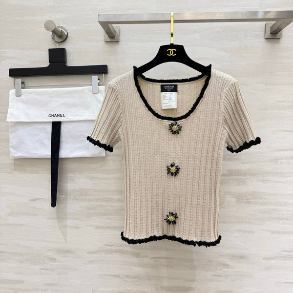 CC Knit Short-Sleeve Top Black Light Taupe Wool 394191