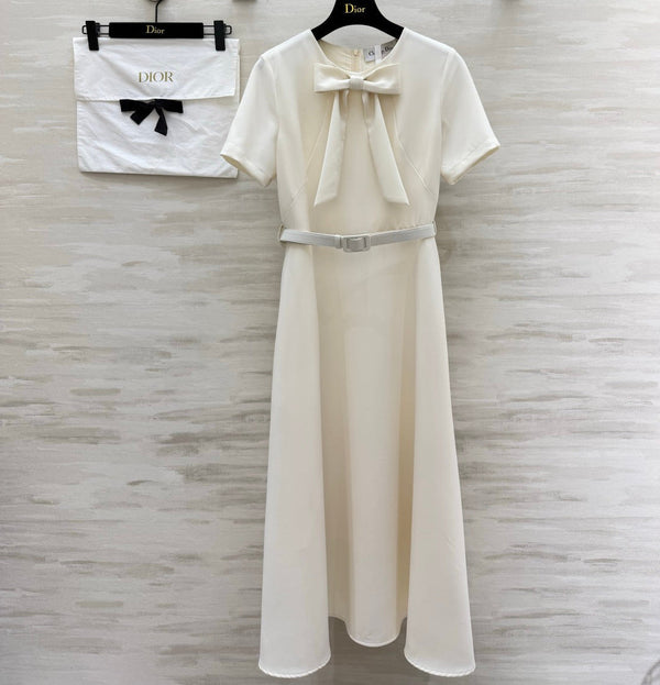 CD 26s Mid-Length Belted Dress White Wool Silk 394159