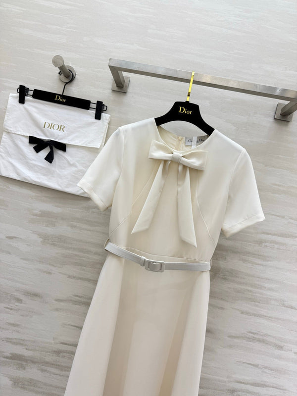 CD 26s Mid-Length Belted Dress White Wool Silk 394159