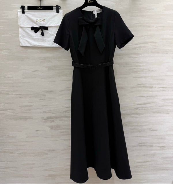CD 26s Mid-Length Belted Dress Black Wool Silk 394161
