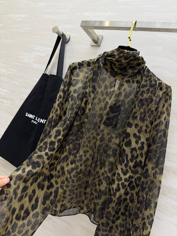 YSL Lavallière Leopard-Print Blouse Black Silk 397066