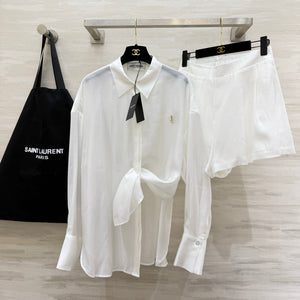 YSL 26s Long-Sleeved Silk Shirt Set White 398905