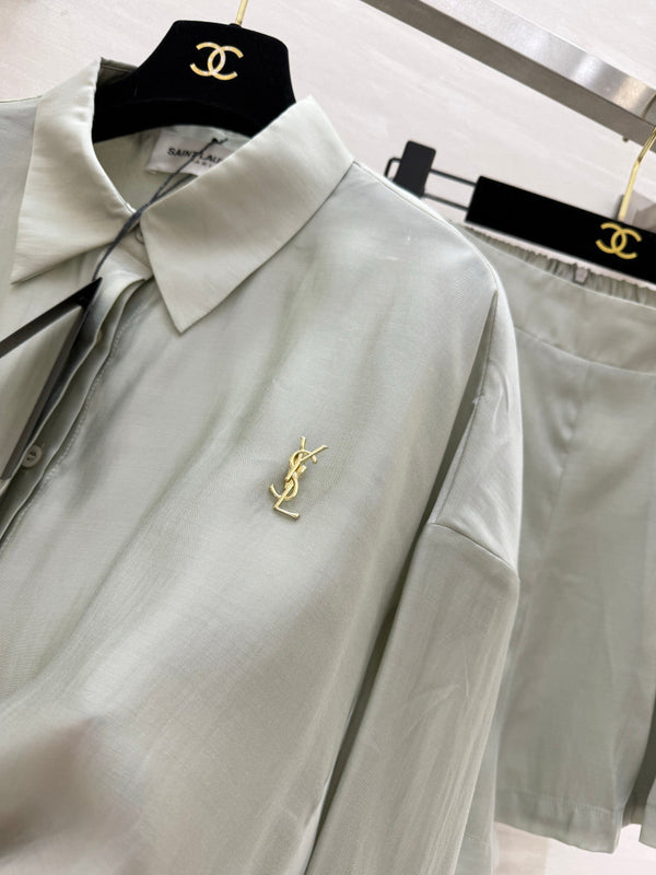 YSL 26s Long-Sleeved Silk Shirt Set Grey 398904
