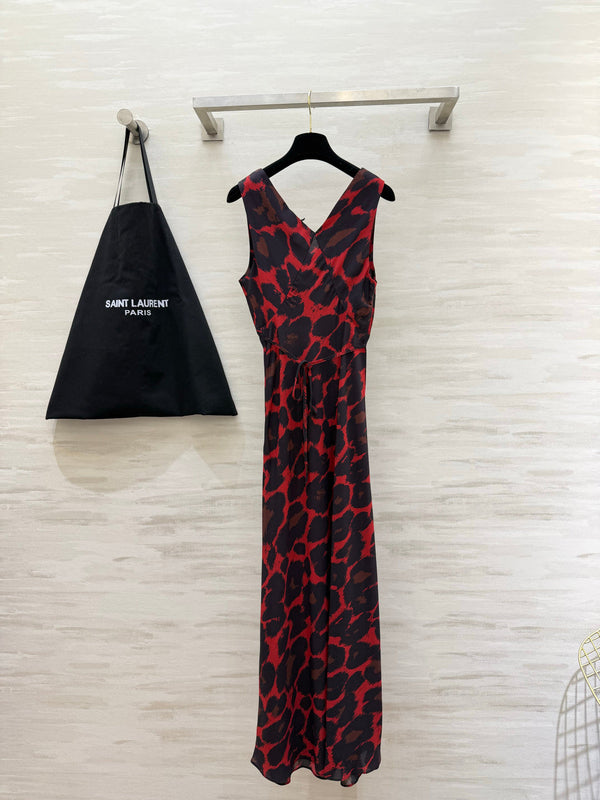 YSL 26s V-Neck Maxi Dress Black Red Silk 398892
