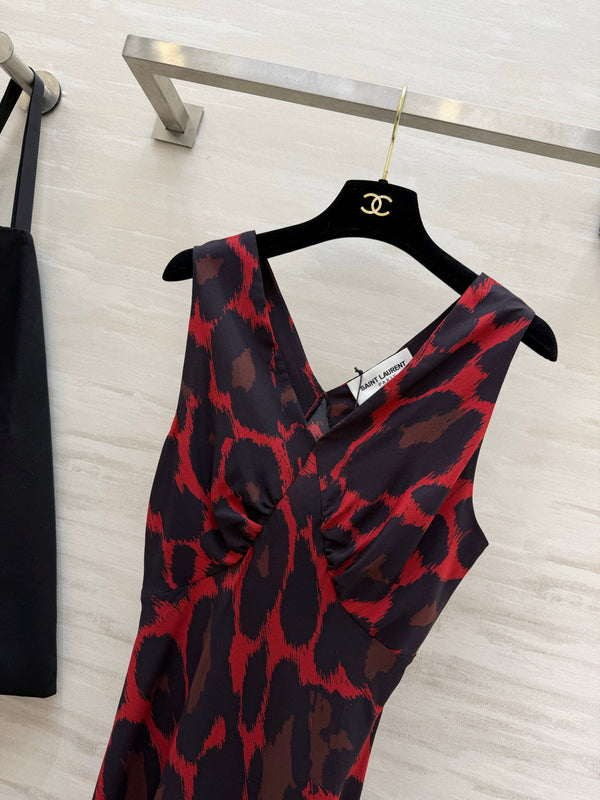 YSL 26s V-Neck Maxi Dress Black Red Silk 398892