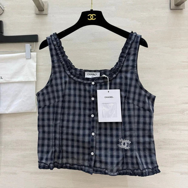 CC 2026 Checkered Ruffled Camisole Navy Blue Cotton