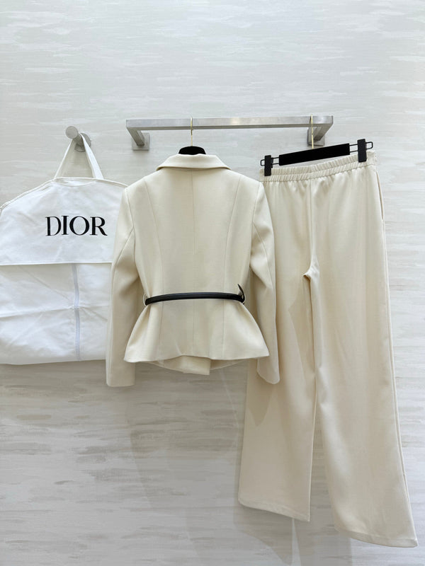CD 26s Set Belted Jacket & Pant Ecru Virgin Wool and Silk 414131