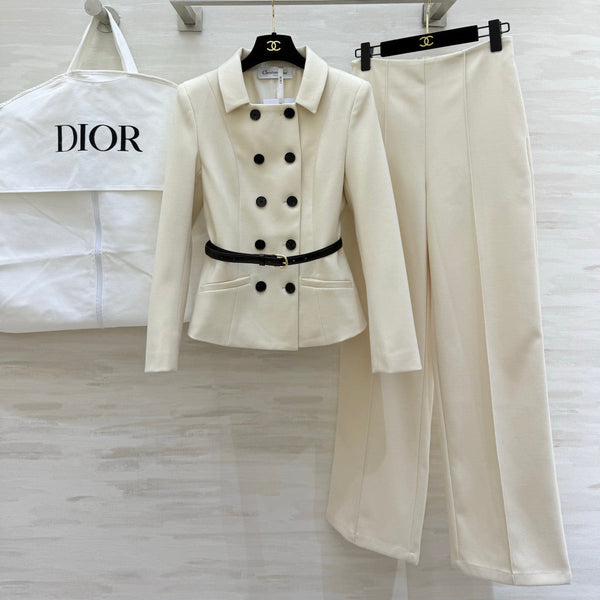 CD 26s Set Belted Jacket & Pant Ecru Virgin Wool and Silk 414131
