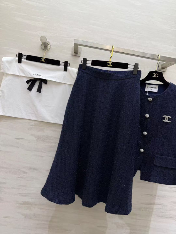 CC 26S Navy Lurex Tweed Skirt Suit Set 428174