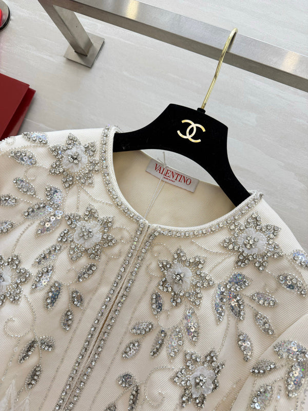 VLTN 26S White Crystal Embellished Feather Tweed Jacket 428162