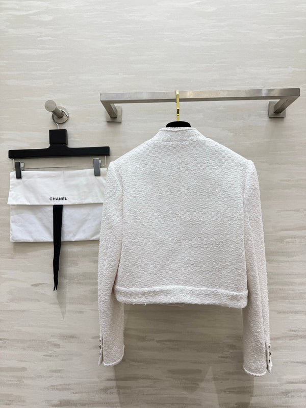 CC 26s Tweed Camellia Brooch Cropped Jacket White 438867