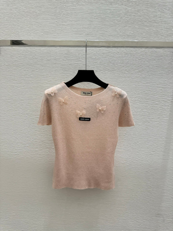 Haut à manches courtes Miumiu 2026 Butterfly Laine et Soie Crème Jaune Rose