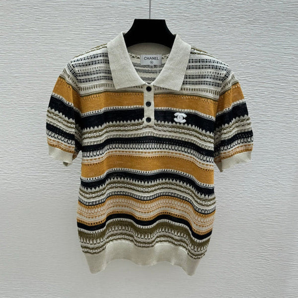 CC 2026 Striped Collared Simple Knit Short-Sleeve T-Shirt Wool Nylon 397696
