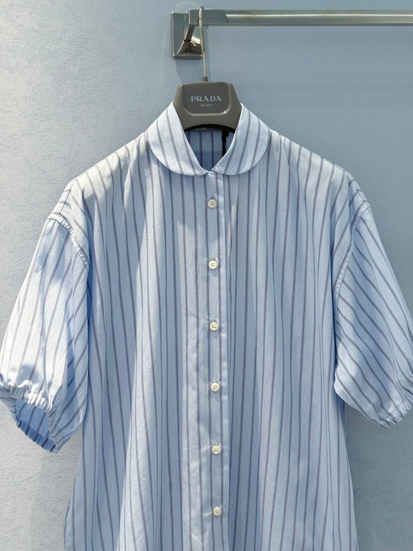 Prada 25 Striped Short-sleeved Collared Shirt Blue Cotton