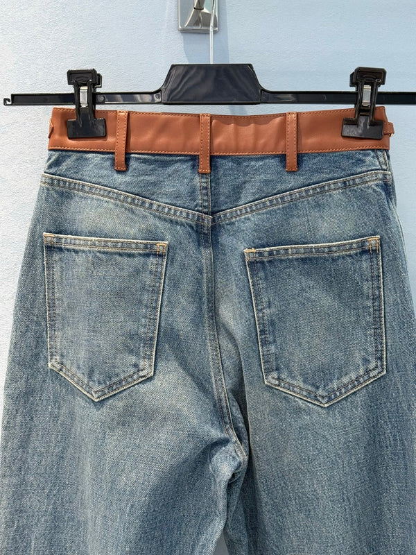 Celine Denim Jeans with Belt Blue mix Brown Cotton