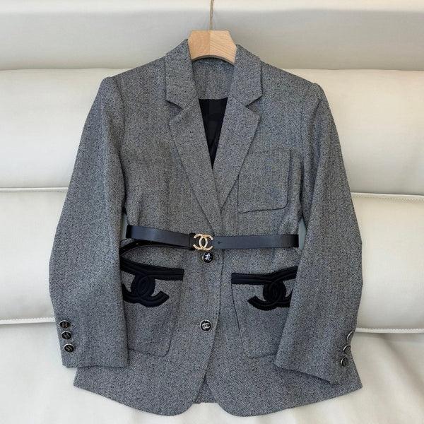 Chanel Blazer 2025 avec ceinture Gris Noir Polyester Laine