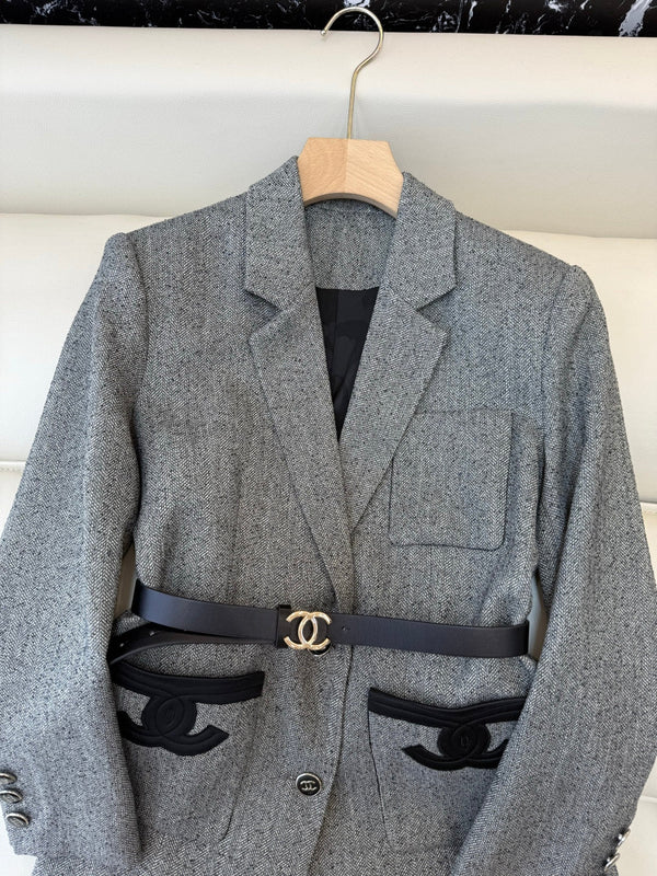Chanel Blazer 2025 avec ceinture Gris Noir Polyester Laine