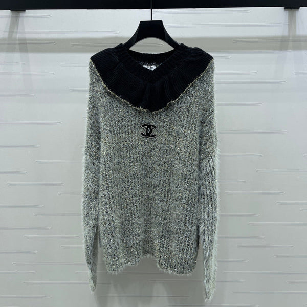 Chanel 2025 Pull scintillant à col volanté gris noir Polyester Laine 319566