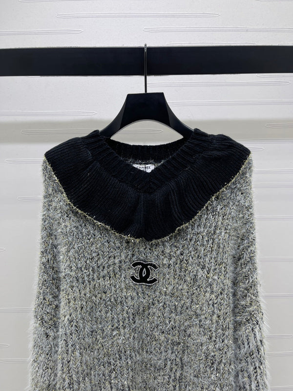 Chanel 2025 Pull scintillant à col volanté gris noir Polyester Laine 319566