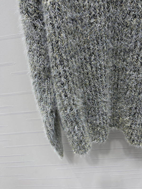 Chanel 2025 Pull scintillant à col volanté gris noir Polyester Laine 319566