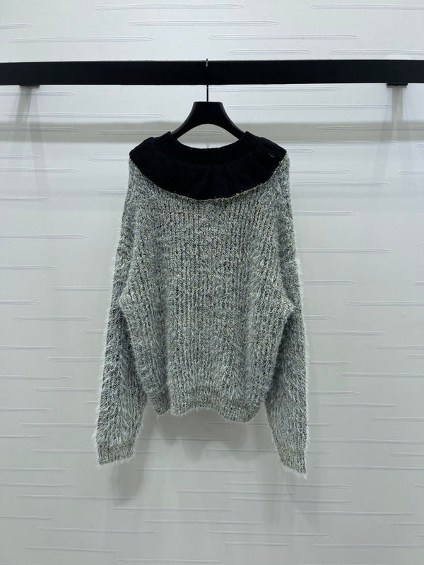 Chanel 2025 Pull scintillant à col volanté gris noir Polyester Laine 319566