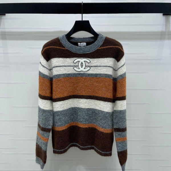 Chanel 2025 Striped Pullover Long-sleeved Sweater Brown Wool Cashmere 319607