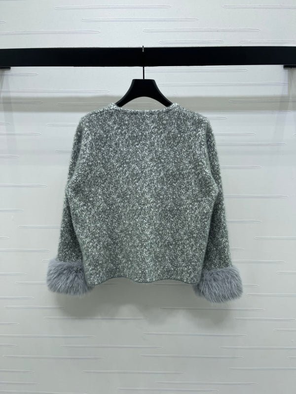 Chanel Cardigan Ras du Cou Manches Fourrure Gris Polyester Laine 2025 319595