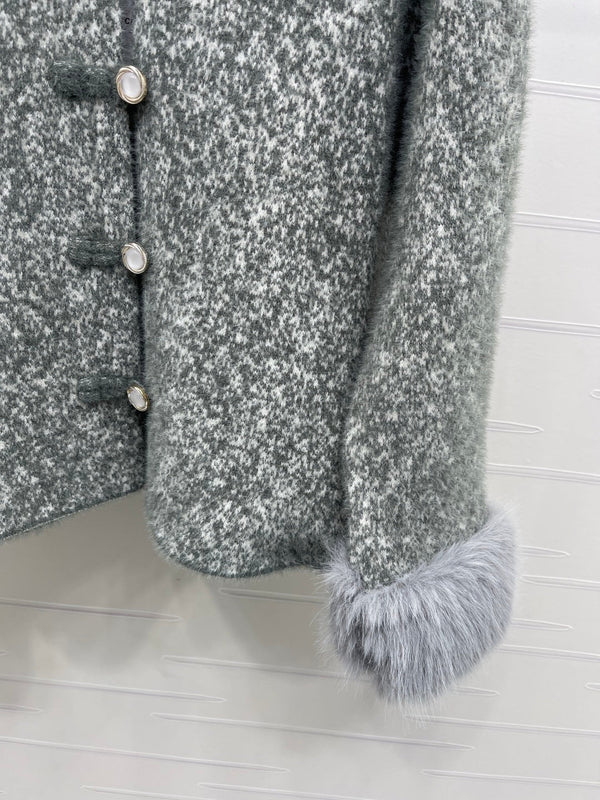 Chanel Cardigan Ras du Cou Manches Fourrure Gris Polyester Laine 2025 319595