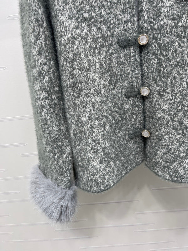 Chanel Cardigan Ras du Cou Manches Fourrure Gris Polyester Laine 2025 319595