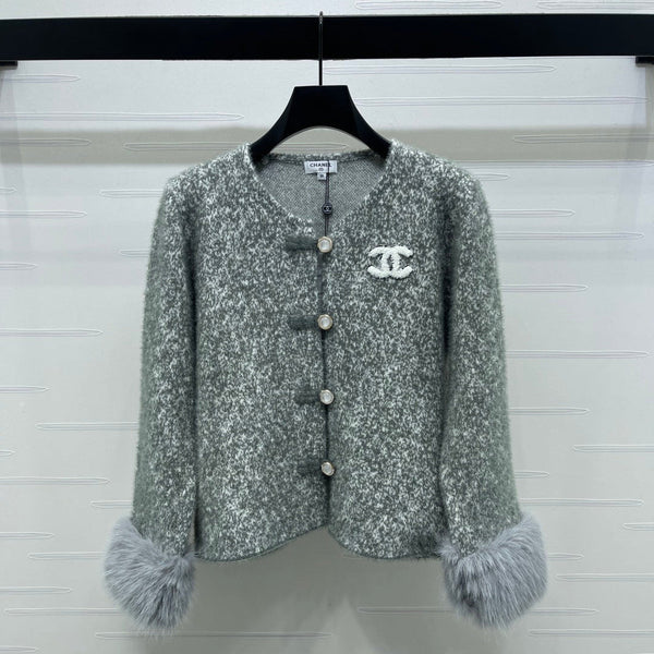 Chanel Cardigan Ras du Cou Manches Fourrure Gris Polyester Laine 2025 319595