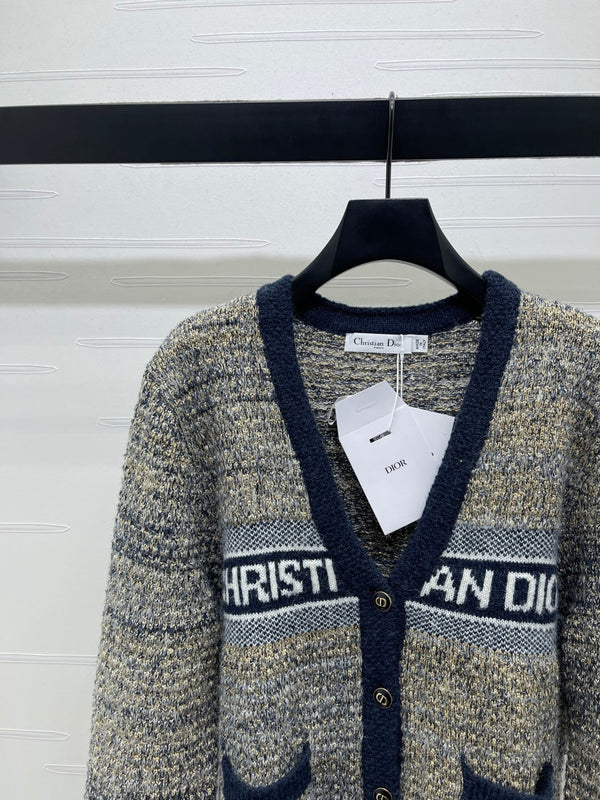 Dior 2025 V-neck Cardigan Beige mix Navy Blue Wool 321292