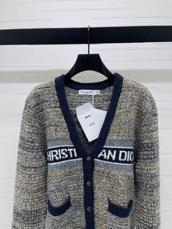 Dior 2025 V-neck Cardigan Beige mix Navy Blue Wool 321292