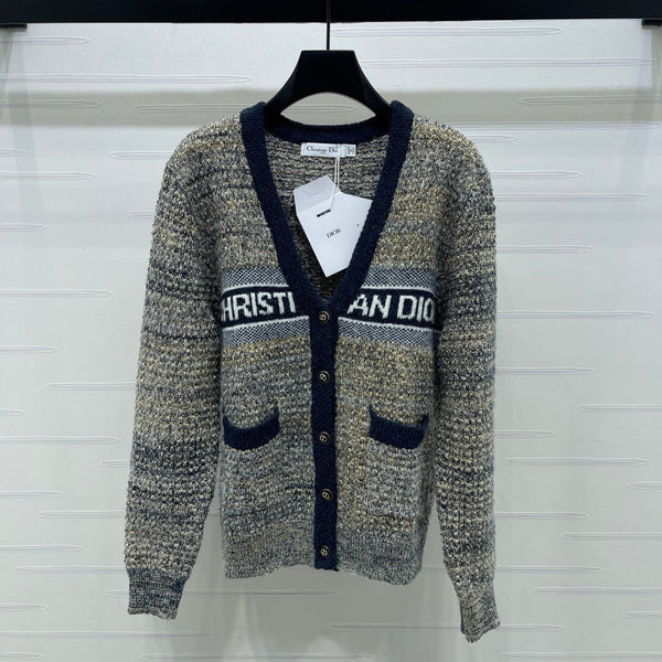 Dior 2025 V-neck Cardigan Beige mix Navy Blue Wool 321292