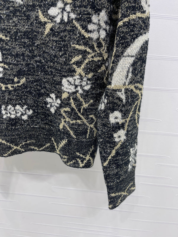 Chanel 25 Floral And Bird Long-sleeved Sweater Gray Wool 321306
