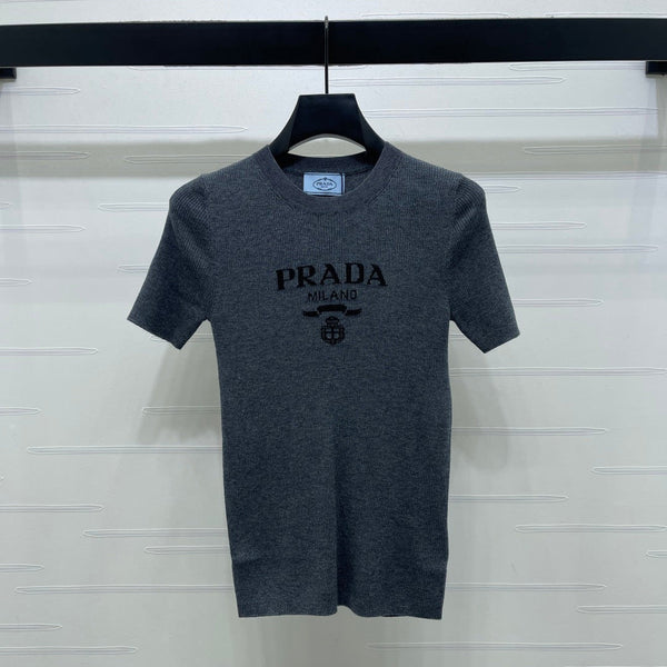 Prada Round Neck Knit Short-Sleeve Top Slate Gray Wool 351042