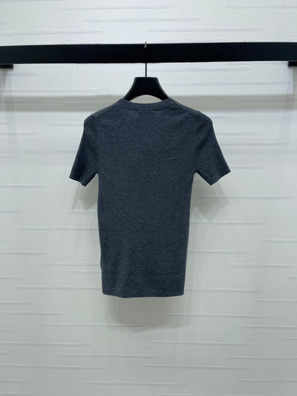Prada Round Neck Knit Short-Sleeve Top Slate Gray Wool 351042