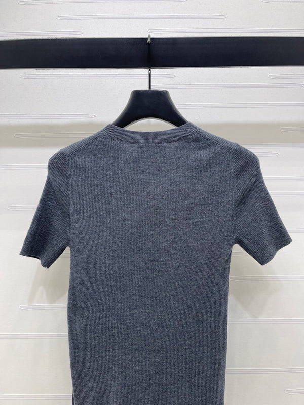 Prada Round Neck Knit Short-Sleeve Top Slate Gray Wool 351042
