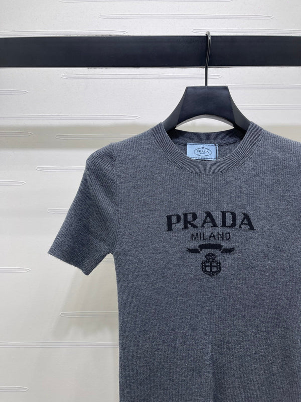 Prada Round Neck Knit Short-Sleeve Top Slate Gray Wool 351042