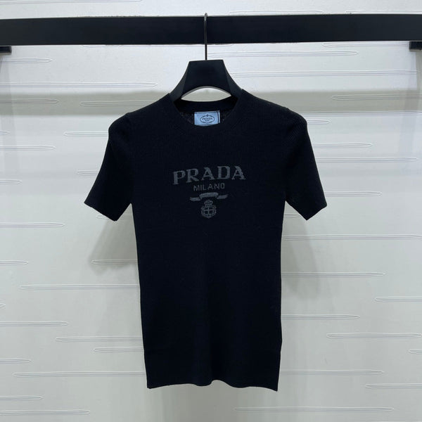 Prada Round Neck Knit Short-Sleeve Top Black Wool 351041