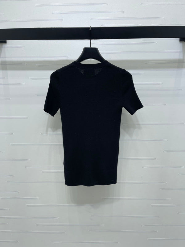 Prada Round Neck Knit Short-Sleeve Top Black Wool 351041