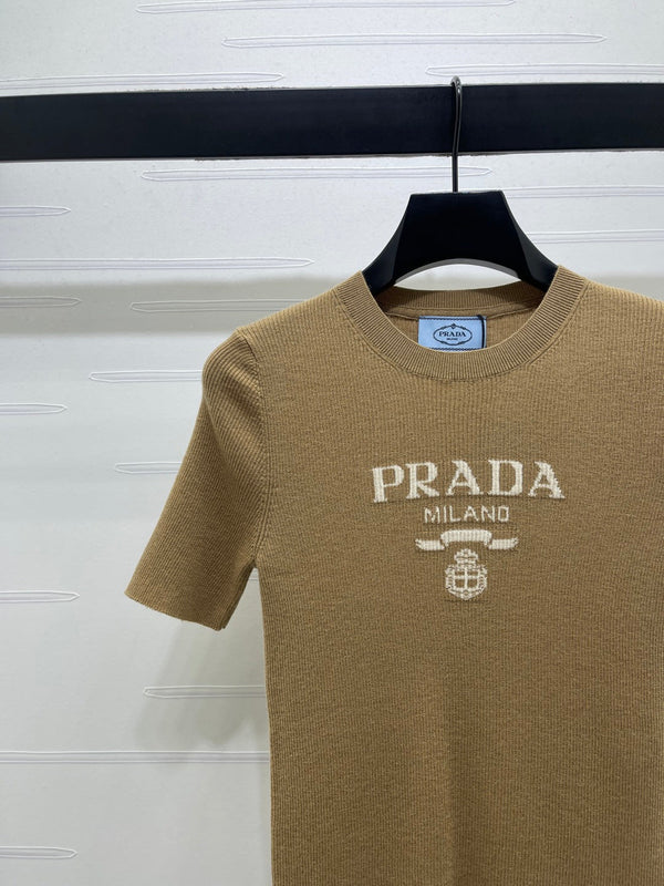 Prada Round Neck Knit Short-Sleeve Top Camel Wool 351040
