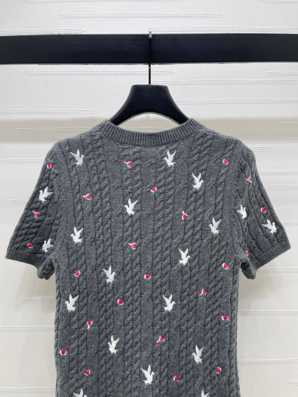CD SS26 Embroidered Cable-Knit Sweater Bird Rose Grey Cashmere 351088