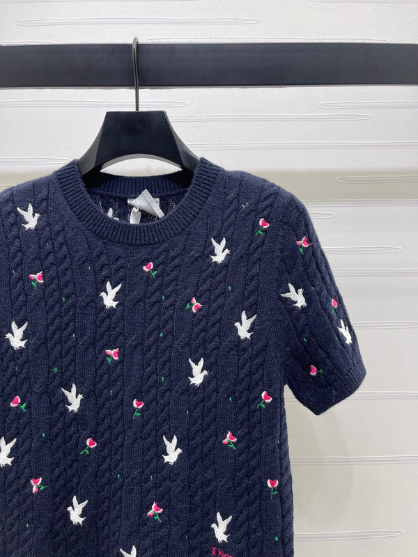 CD SS26 Embroidered Cable-Knit Sweater Bird Rose Navy Blue Cashmere 351087