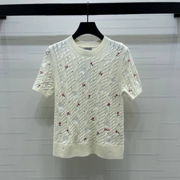 CD SS26 Embroidered Cable-Knit Sweater Bird Rose Inovy Cashmere 351086