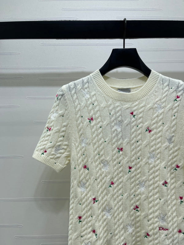 CD SS26 Embroidered Cable-Knit Sweater Bird Rose Inovy Cashmere 351086